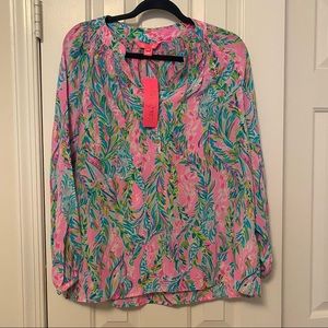 Lilly Pulitzer Elsa Unicorn of the Sea 100% Silk Long Sleeve Top